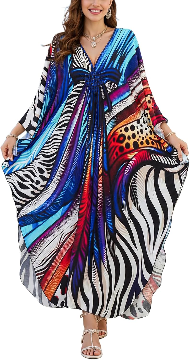 IMAGEKOPE Women's Plus Size Animal Print V-Neck Batwing Kaftan Beach Dress Bathing Suit Cover-Up Loungewear - Image 1
